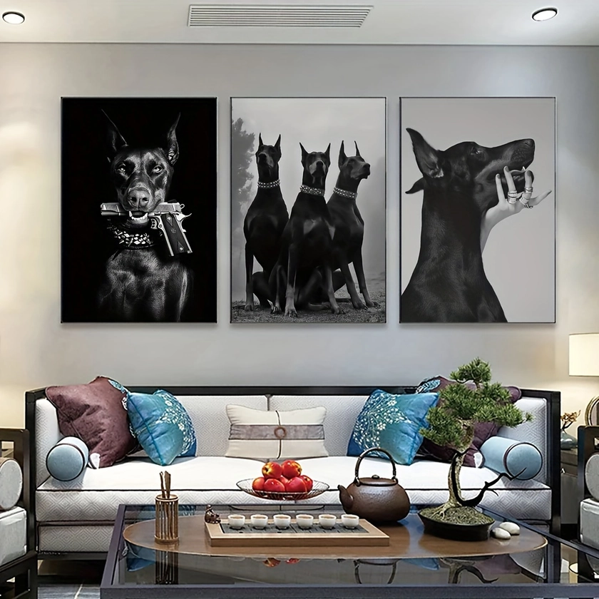 3pcs Unframed Creative Canvas Poster, Black Doberman Dogs Painting, Animal Printed Canvas Wall Art Set, Artwork Wall Painting For Gift, Bedroom, Offic