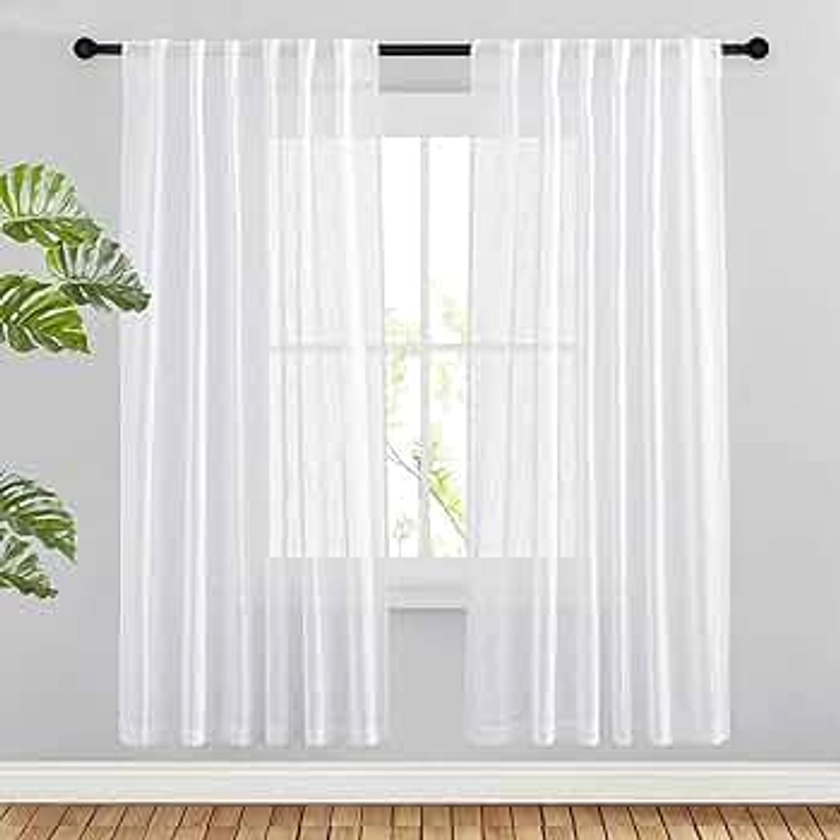 NICETOWN White Faux Linen Semi Sheer Curtains 63 inch Length for Bedroom, Rod Pocket & Back Tab Window Treatments Privacy with Light Filter Farmhouse Sheer Drapes for Living Room, 52" Width, 1 Pair