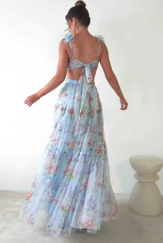 Alma Floral Print Tulle Maxi Dress | Blue