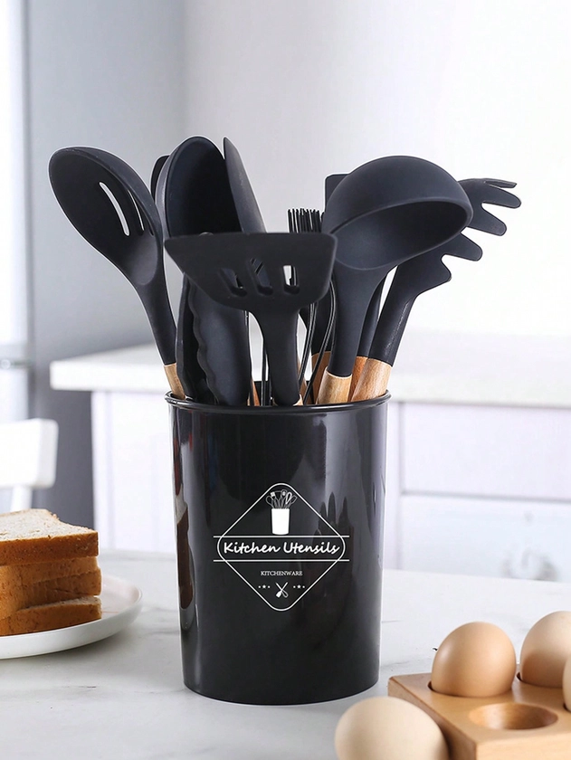12pcs/Set Non-Stick Cookware With Bucket And Silicone Kitchen Utensils Set, Wooden Handle Kitchen Tools [Please Check Size Before Placing Order]