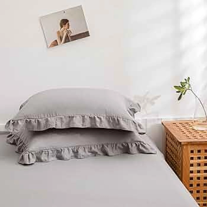 Merryword Cute Pillowcases Light Gray Pillow Shams Gray Ruffle Standard Pillowcases Set of 2 Shabby Chic Fringe Decor Pillow Cover 2 Pack (Queen (20''x30''), Light Grey)