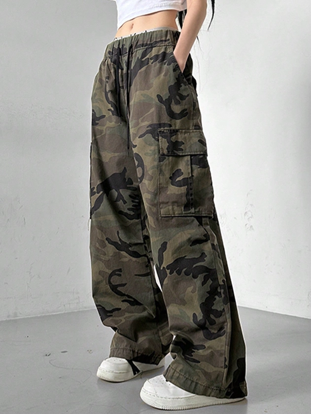 DAZY Camouflage Print Wide Leg Pants With Drawstring Waist