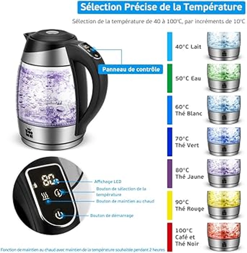 ForMe Bouilloire Électrique en Verre 1,8 Thermostat Réglable Sélection de la Température 40-100°C Sept Couleurs d'éclairage LED I Théière Fonction de Maintien au Chaud Sans BPA