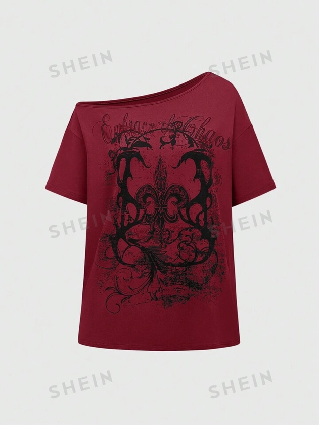 ROMWE Goth Y2K Grunge Subculture Punk Spring/Summer Distressed Vintage Vine Print Loose Drop-Shoulder T-Shirt