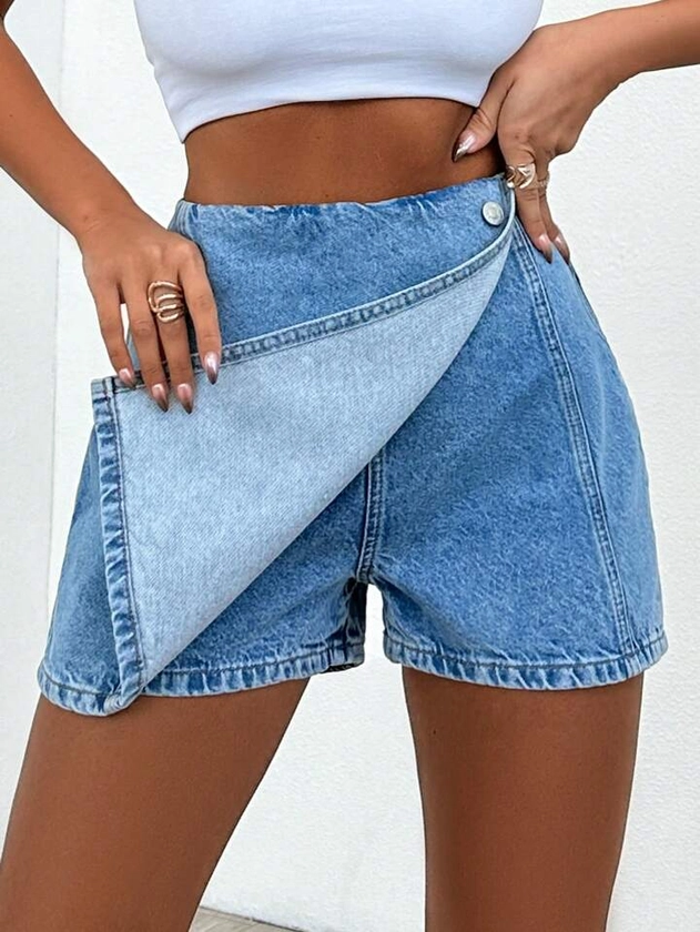 SHEIN Cottnline Shorts En Denim Avec Enveloppement De Couleur Pleine