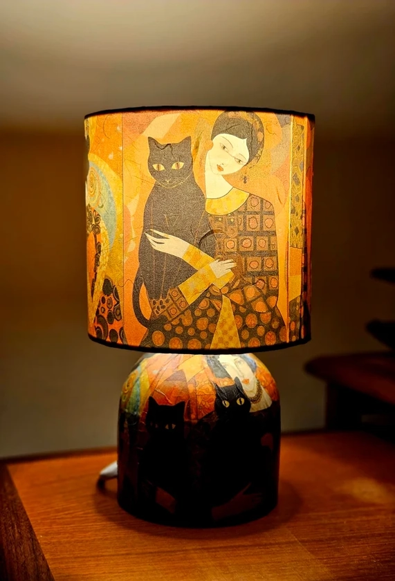 Klimt Lady with Black Cat Decoupage Table Lamp Design Home Decor Bedside Night Light Gift