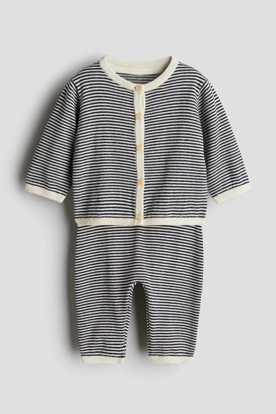 2-piece fine-knit cotton set - Regular waist - Round neck - Navy blue/Striped - Kids | H&M GB