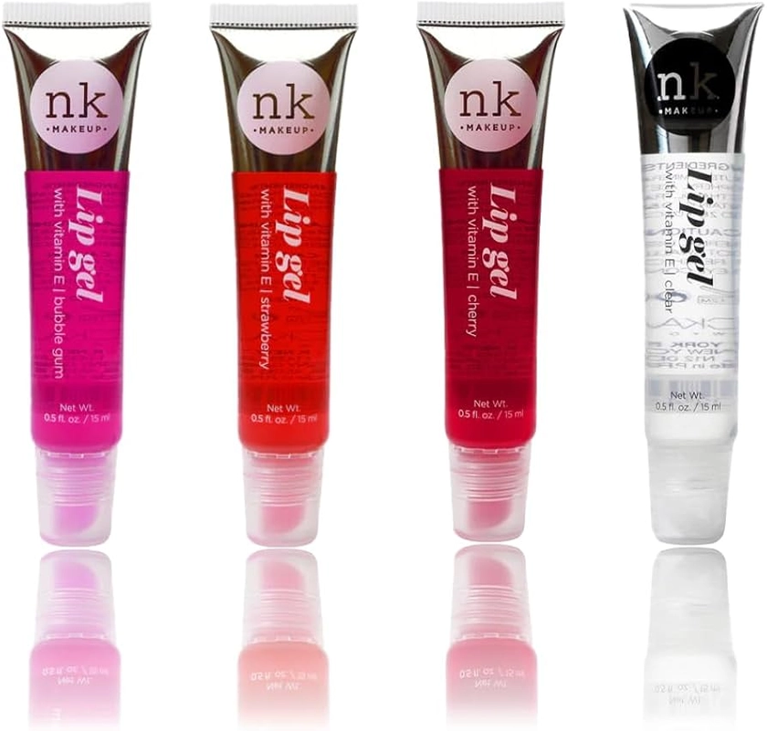 NK lip gloss gel 15ml Vitamin E, Shiny, Nourishes, Strawberry, Cherry, Bubble Gum and Clear flavoured by Nicka K (Multi Pack Of 4)