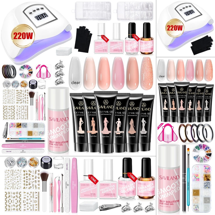 Saviland 312 PCS Poly Gel Nail Kit Starter Kit [ 220W U V Lamp ] [ All In One ] Professional 6 Colors Poly Nails Extension Gel Kit With Everything Nail Tools For Manicure Beginner DIY Art At Home
