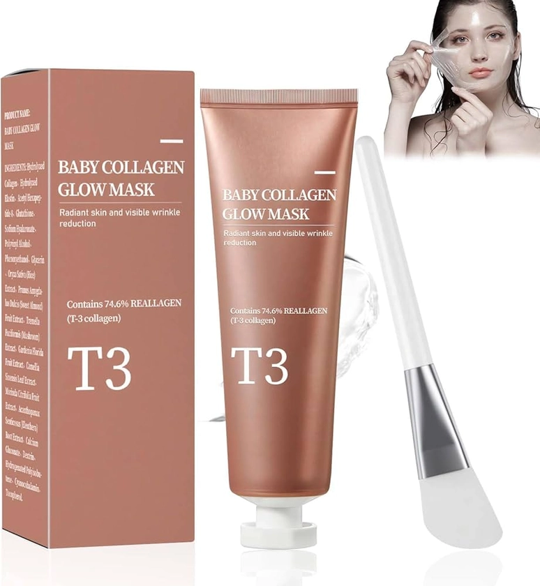 Allony T3 Baby Collagen Glow Mask, Masque Collagene Visage Korean, T3 Collagen Pestlo Mask, Masque Peel Off, Rafraîchissement et Contrôle de l'huile, Convient à Tous Les Types de Peau (A)