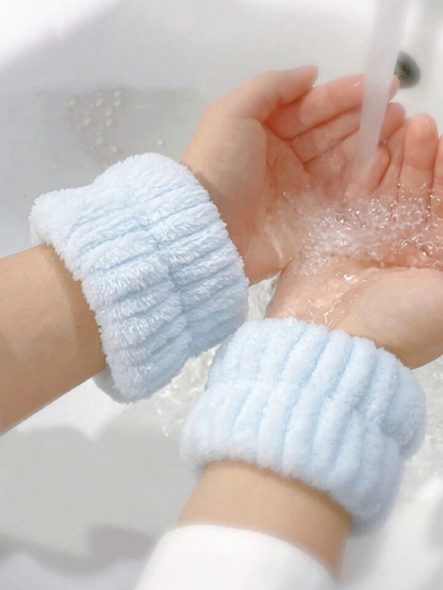 2pcs Coral Velvet Shower Headband Bathroom Wrist Strap Blue