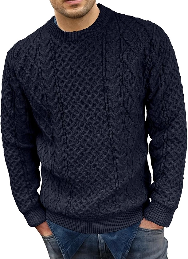 Comdecevis Cable Knit Sweater for Men Crewneck Casual Pullover Sweaters Unisex Textured Knitted Sweatshirt