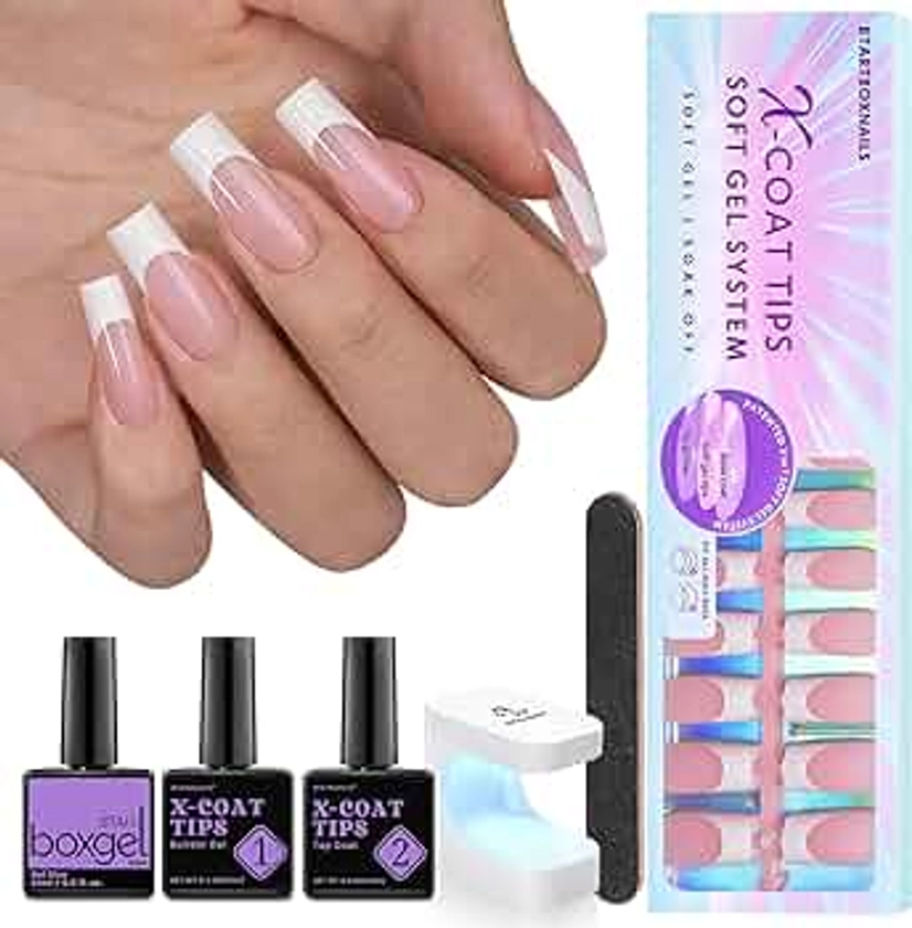 btartboxnails XCOATTIPS French Tip Nails - Long Square Nail Tips with Nail Gel, French Protecing Duo, Nail Lamp, All in One Soft Gel French Tip Press on Nails Gel Extension