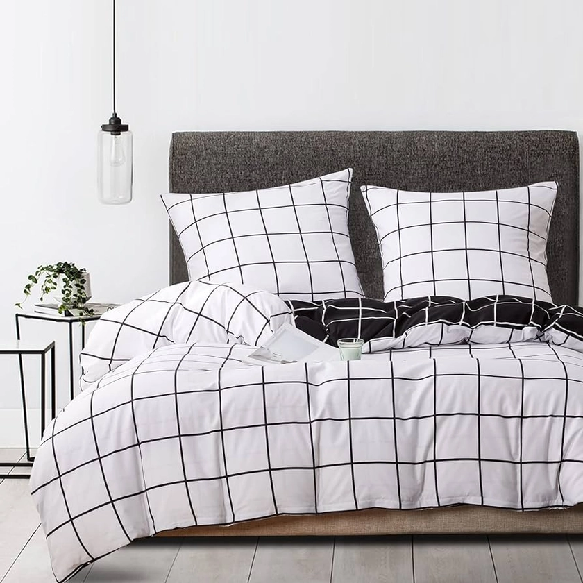 NORCH Grid Duvet Cover Double Black and White Aesthetic Bedding Set Checkered Soft Quilt Cover Reversible with Pillow Cases