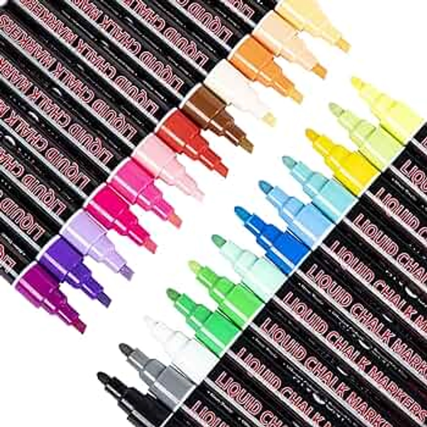 HTVRONT Liquid Chalk Markers Erasable - Liquid Chalk Pens 24 Colors, Chalkboard Markers 5mm Reversible Tip - Chalk Markers for Blackboard, Chalkboard, Windows Glass, Graduation School Art Supplies