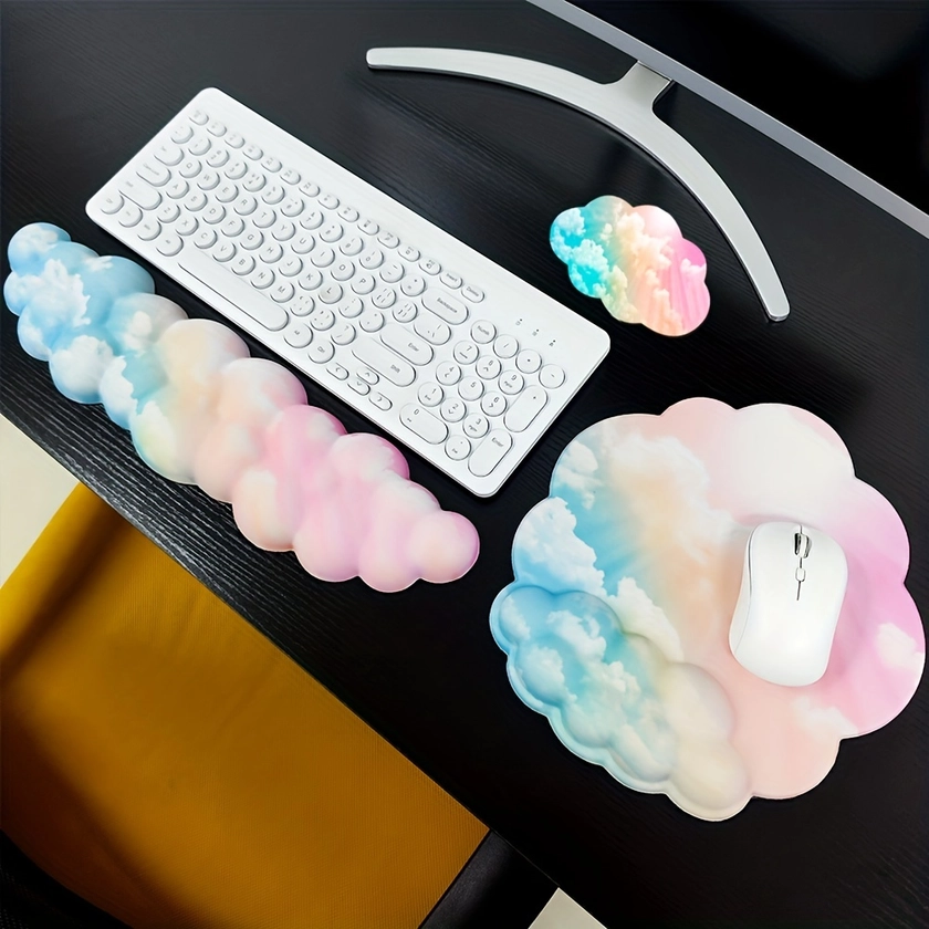 * 3PCS Cloud Keyboard Wrist Rest Set, Ergonomic Anti-Slip Computer Palm Rest, Memory Foam Wrist Pad, Cushion For Easy Typing Cute Smooth Fiber Ha