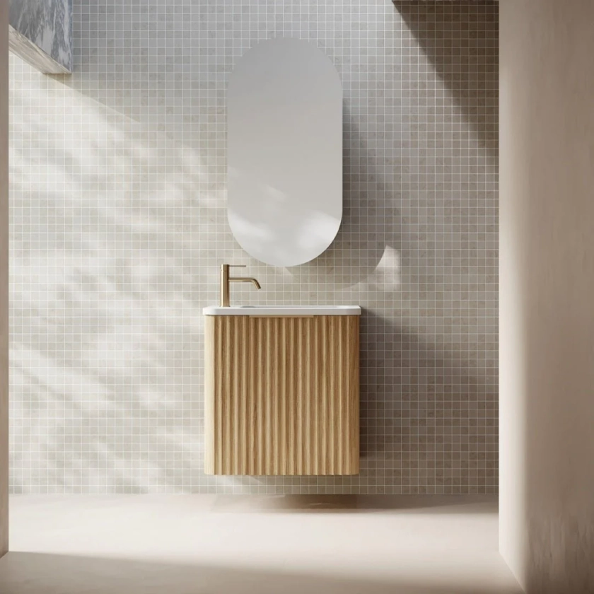 Cassa Design Gravity Curved Small Space Wall Hung VanityNatural Oak / Right Hand Hinge / Right Hand Basin