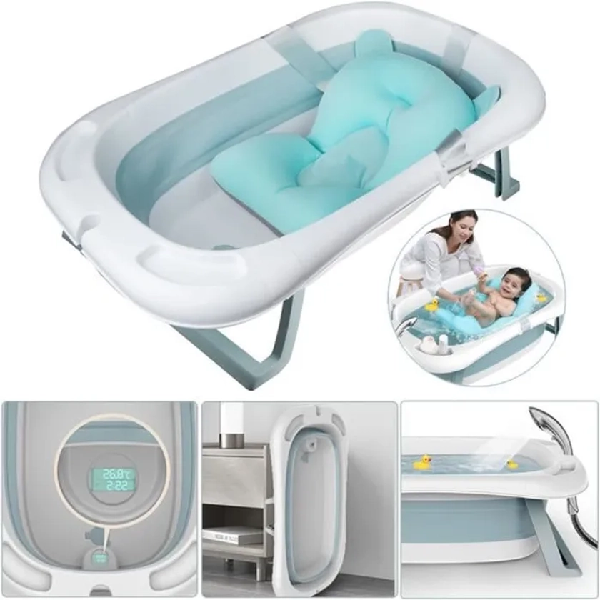 Baignoire pliable bébé pliante évolutive - Oreiller Tapis coussin de bain - avec Thermomètre - SINBIDE®