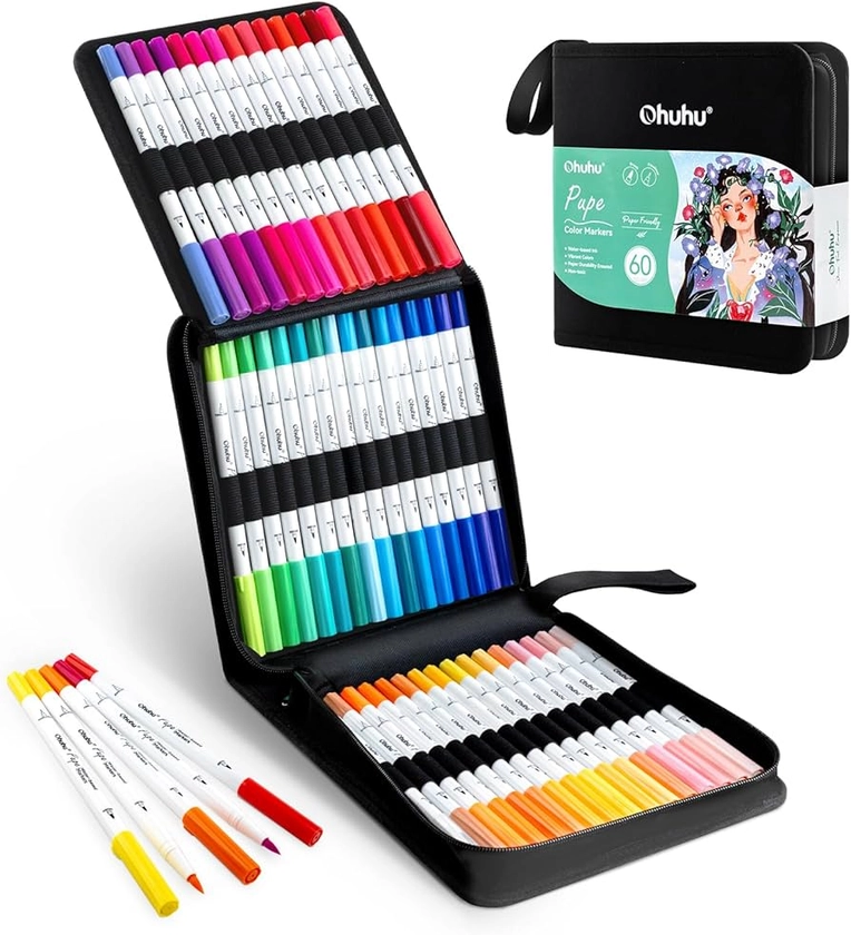 Ohuhu Markers Paper-friendly Water-based Coloring Markers 60 Colors Dual Brush Fineliner Tips Markers for Adult Coloring Books No Bleeding Art Markers for Kids Beginner Calligraphy Journal - Pupe