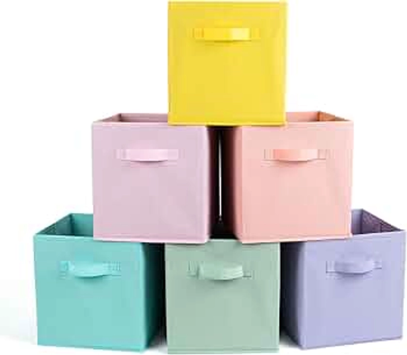 Fabric Storage Bins 6 Pack 11 inch Foldable Storage Cubes with Handles Fun Colored Durable Cube Storage Bin for Home, Playroom, Closet Organizers and Storage Green, Cyan, Purple, Yellow, Pink, Peach