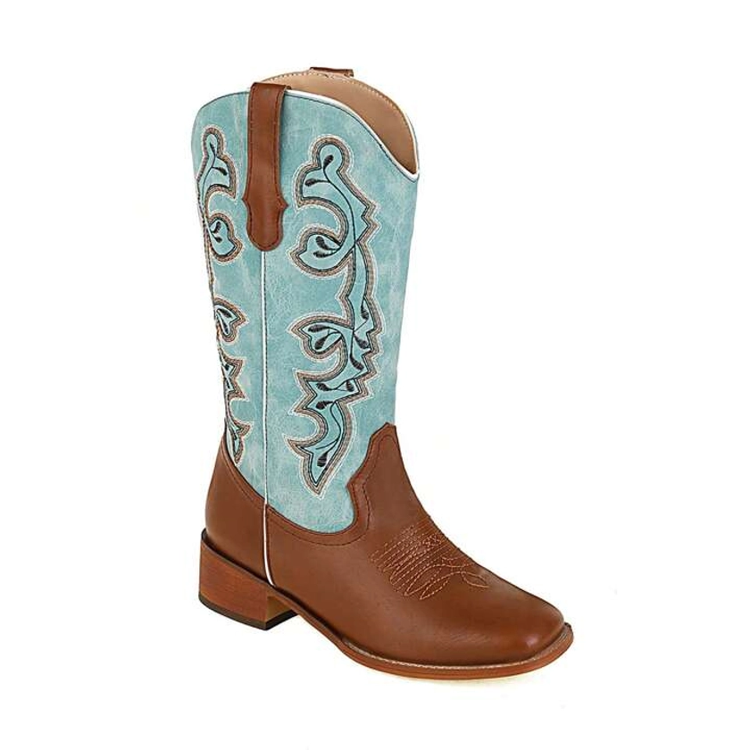 Cowboy Boots For Women Western Cowgirl Boots Embroidered Mid Calf Boots Square Toe Medium Block Chunky Heel Stitching Pull-On Boots For Ladies