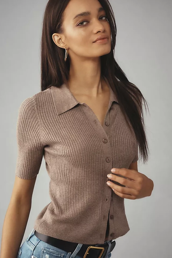 PAIGE Lianne Short-Sleeve Button-Front Collared Sweater