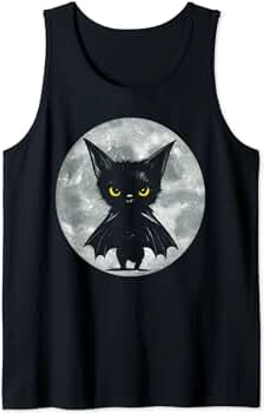 Halloween Cat and Moon: Grumpy Black Kitten In Bat Costume Tank Top