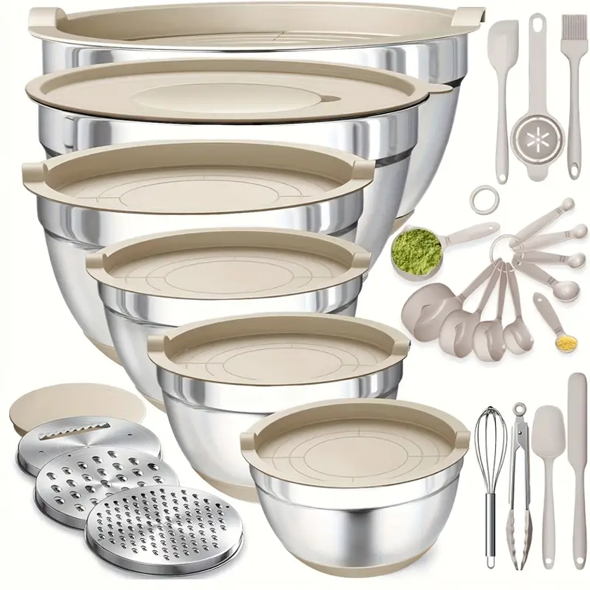 Mixing Bowls With Airtight Set 26pcs Stainless Steel Khaki Bowls With Grater Attachments Non Slip Bottoms Kitchen Gadgets Set Size 7 4 2 5 2 1qt Great For Mixing Serving | Temu