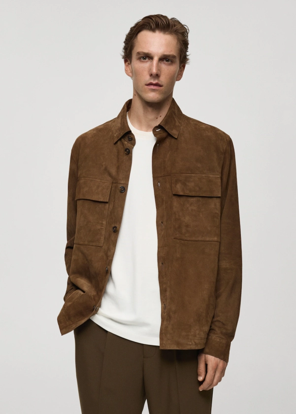 Overshirt with 100% suede leather pocket - Men | MANGO USA