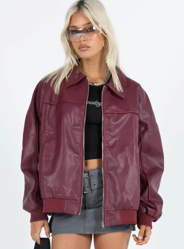 Goldsmith Faux Leather Bomber Jacket Burgundy