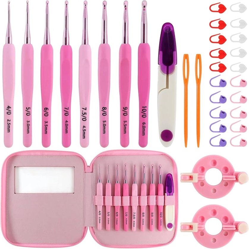 AEXHOT 34PCS Crochet Hooks Set, 8 sizes 2.5-6 mm High-Quality Pink Gradient Aluminum Ergonomic Soft Handle Crochet with Case and Crochet Kit for Beginners Adults for Arthritic Hands Crochet Needle Set