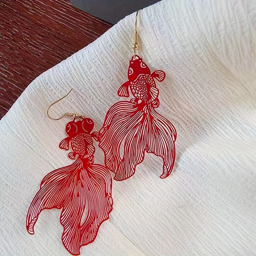 Red Goldfish Design Dangle Earrings Simple Party Style Copper Jewelry Lucky Chinese New Year Ear Ornaments