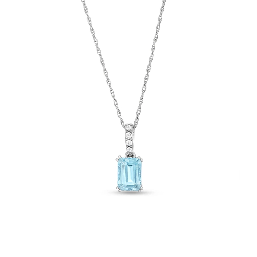 Emerald-Cut Aquamarine and 1/20 CT. T.W. Diamond Drop Pendant in 10K White Gold|Zales