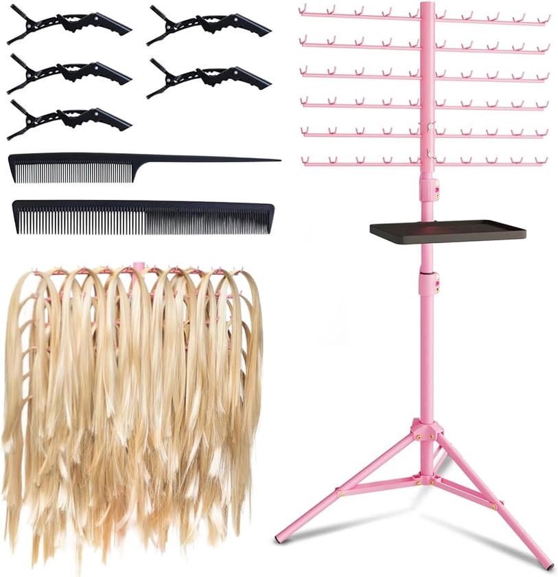 120-Peg Braiding Hair Rack Standing, with Salon Tray Hair Extension Holder Hanger, Hair Divider Rack for Braiding Hair Separator Stand, Hair Braiding Rack Display Stand for Hairstylist Braiders, Pink