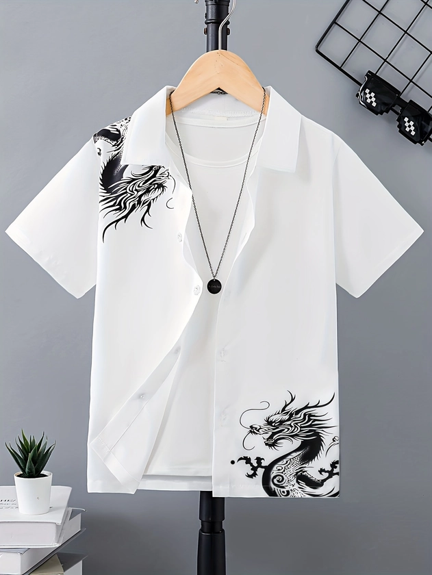 Trending Dragon Print Shirt, Boy&#39;s Short Sleeve Casual Versatile Spring Summer Top, Ideal For Holiday Beach