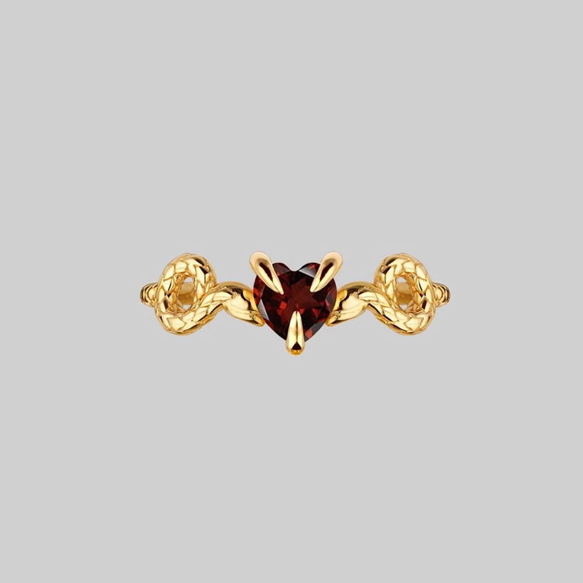 DESIRE. Snakes & Heart Garnet Ring - Gold