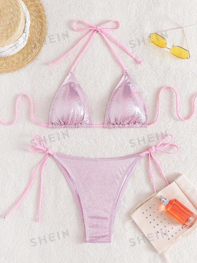 SHEIN Swim Y2GLAM Glitter Bikini Set Triangle Bra & Thong Bottom 2 Piece Rave Bathing Suit | SHEIN USA