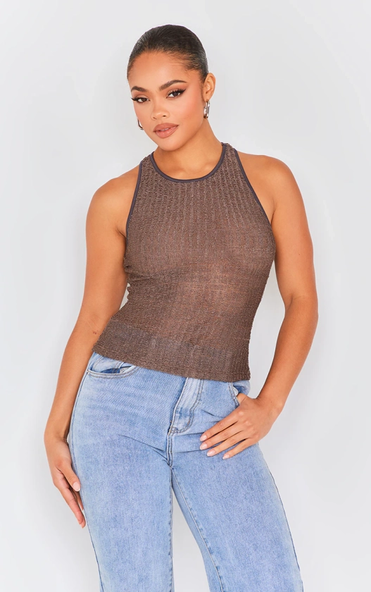 Mocha Knit Look Textured Longline Racer Top