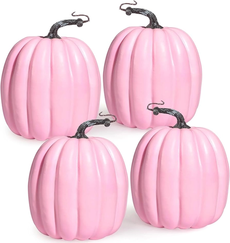 Miaikoe 4 PCS Large Autumn Artificial Pumpkins Decoration Harvest Lifelike Pink Pumpkins for Fall Autumn Halloween Party Thanksgiving Holiday Decor Displaying (Pink)