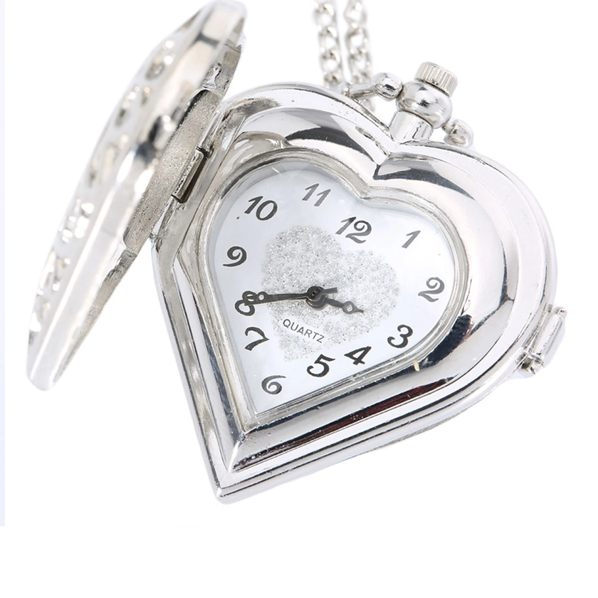 Newly Hollow Quartz Heart Shaped Pocket Watch Necklace Pendant Chain Clock Women