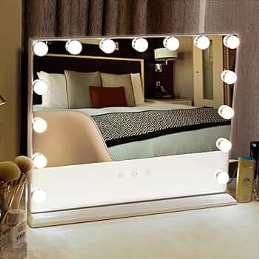 Ledivion Hollywood Vanity Mirror, Large Vanity Makeup Mirror with Lights, Touch Control Dressing Table Mirror Charging Port 3 Colours 15 LED Bulbs, 58 x 46 cm
