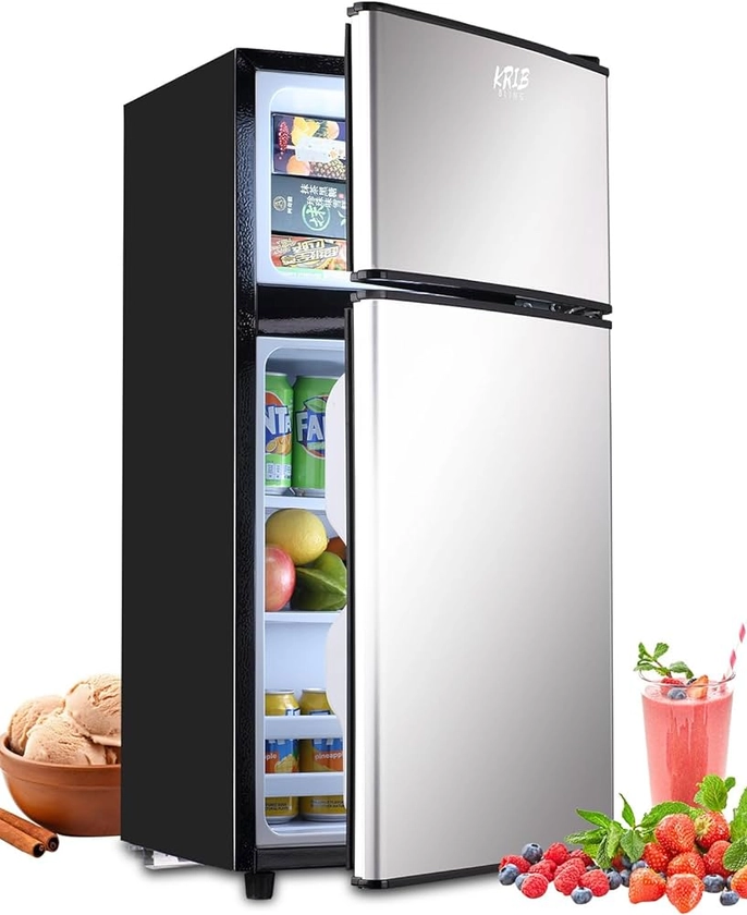 KRIB BLING 3.5Cu.Ft Compact Refrigerator Mini Fridge with Freezer, Small Refrigerator with 2 Door, 7 Level Thermostat Removable Shelves for Kitchen, Dorm, Apartment, Bar, Office Silver