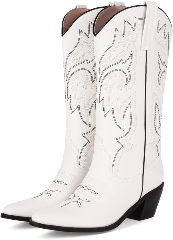heelchic Womens Embroidered Cowboy Cowgirl Boots Snip Toe Chunky Heel Western Boots Pull On Mid Calf Boots