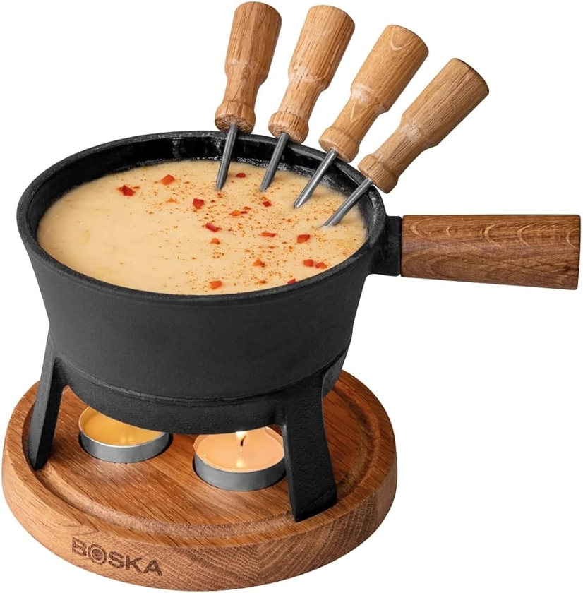 Boska Appareil a Fondue Pro S - 2 jusqu'à 4 Personnes - Fondue Savoyarde Lampe de Tee - 700 ml Contenu pour 350 gr Fromage Fondu [inc. Fourchettes] [Stable, Bois de Chêne & Acier Inoxydable]