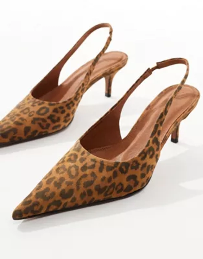 ASOS DESIGN Solo premium leather slingback mid heeled shoes in leopard | ASOS