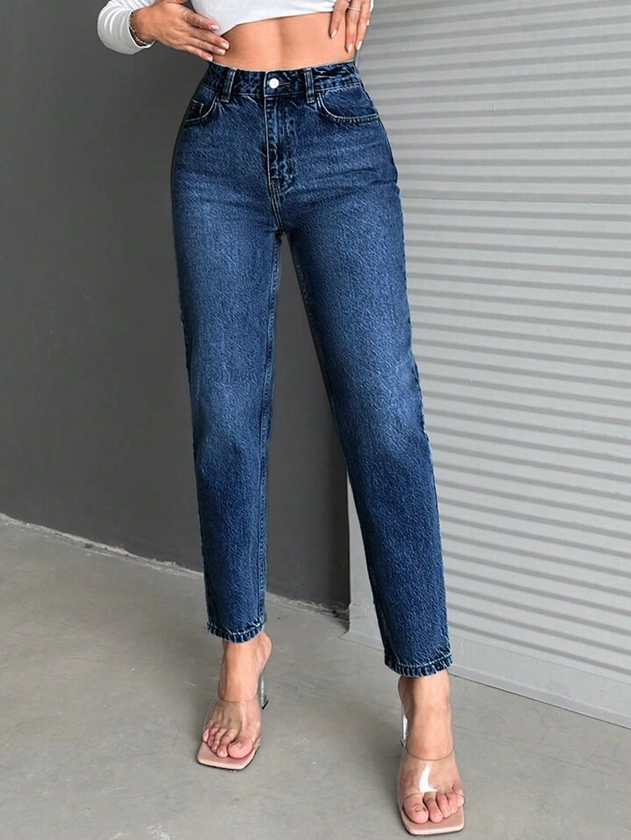 SHEIN Cottnline Jean Taille Slim De Base Pour Dames, Couleur Unie, Coupe Courte