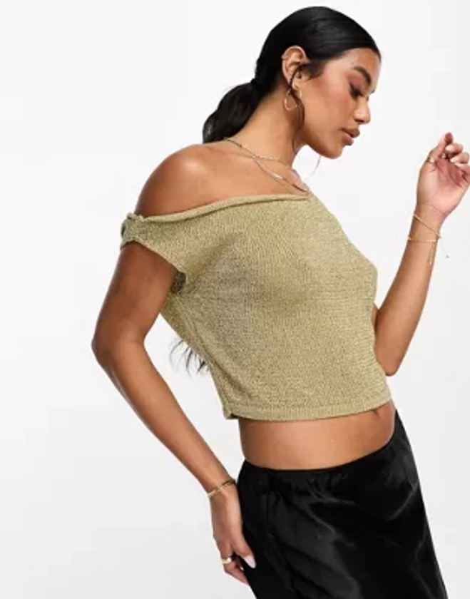 ASOS DESIGN metallic knit asymmetric top in gold | ASOS