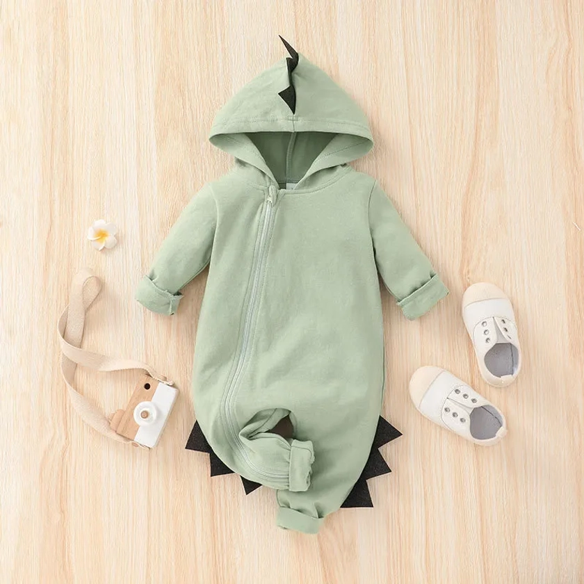 Baby Solid Color Dinosaur Zipper Hooded Romper