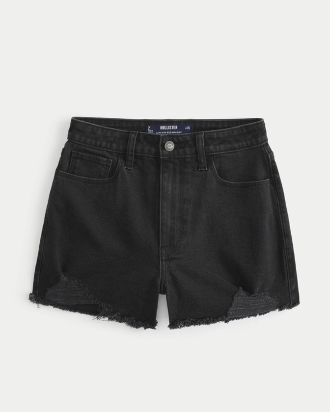 Women's Ultra High-Rise Distressed Black Denim Mom Shorts | Women's Bottoms | HollisterCo.com