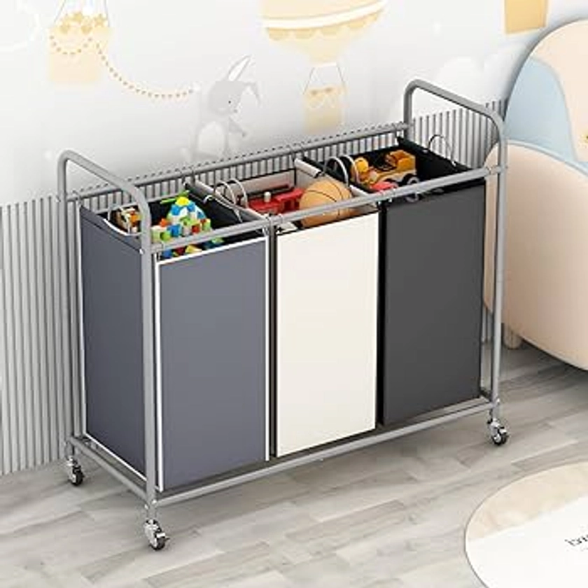 Amazon.com: LINZINAR 3-Bag Laundry Basket Sorter Laundry Hamper Cart with Heavy Duty Rolling Lockable Wheels and Removable Bags (Assorted) : Home & Kitchen